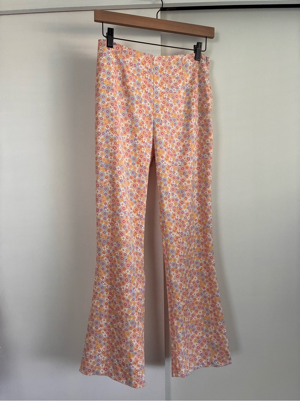 Zara Silky Peach Floral Boot-Cut Pants